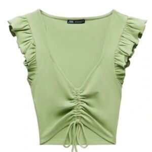 Zara Neon Green Ruffle Sleeve Crop Top